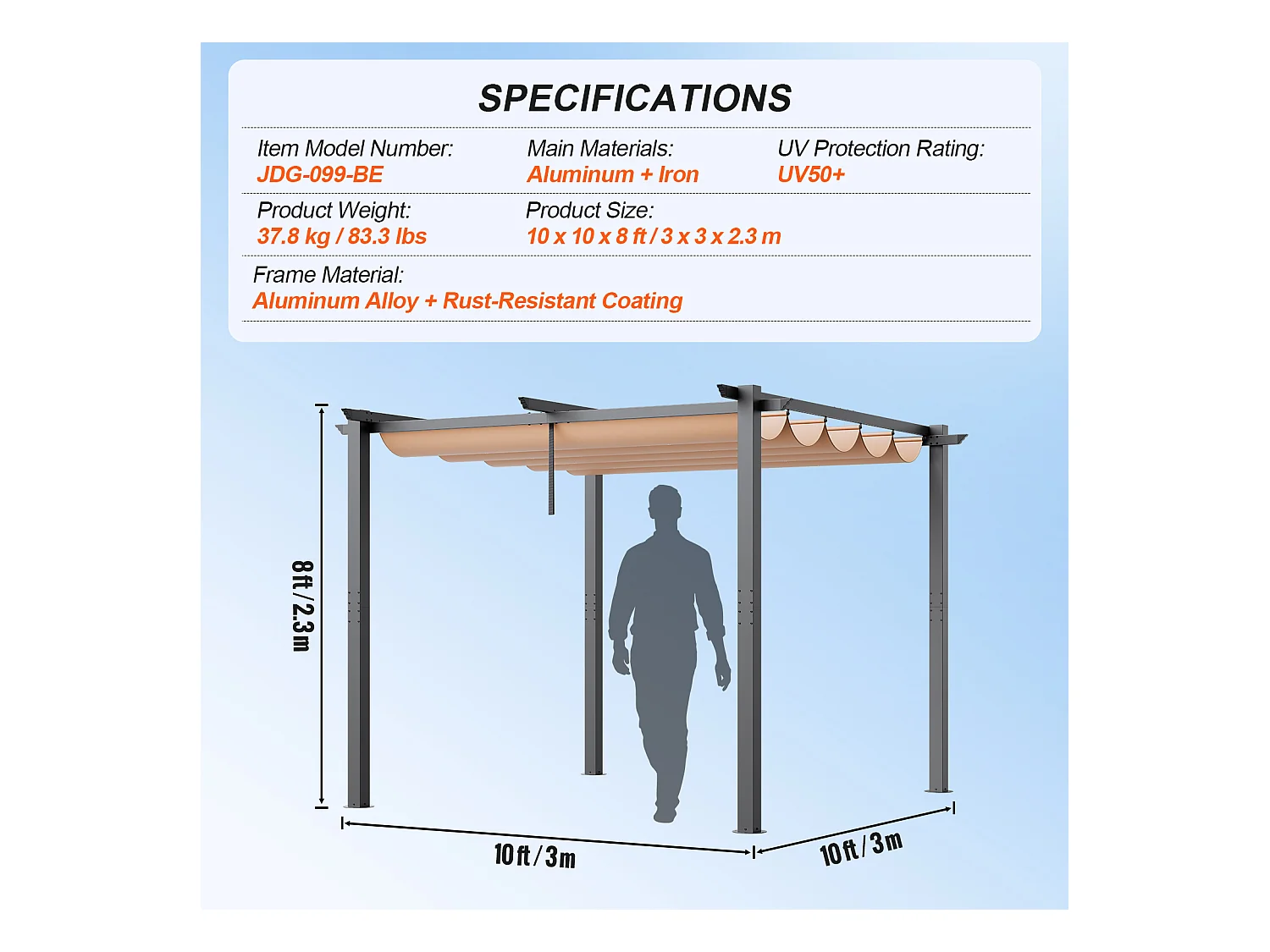 Pergola Extérieure SucceBuy 305 cm x 305 cm avec Auvent Rétractable Beige