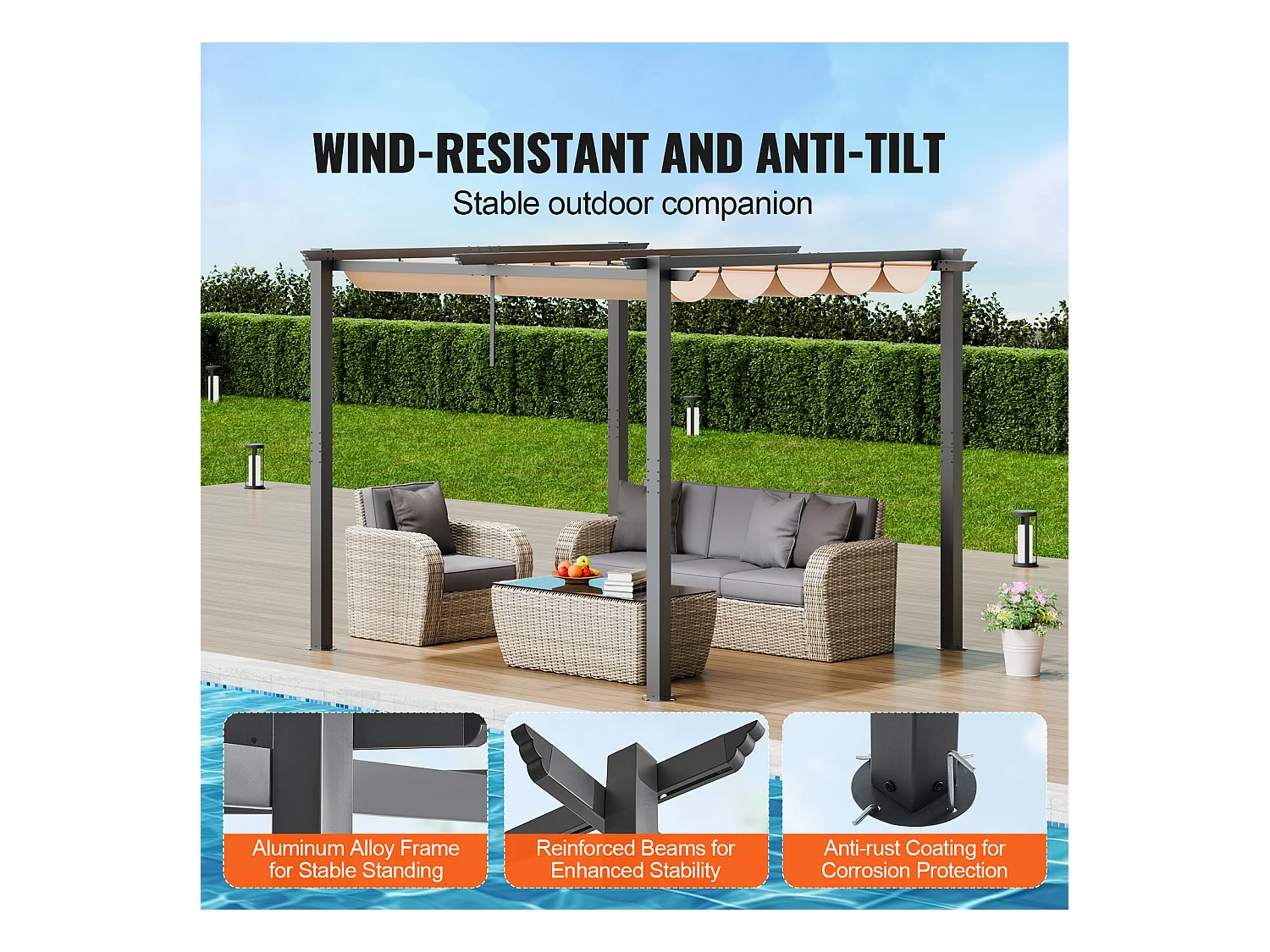 Pergola Extérieure SucceBuy 305 cm x 305 cm avec Auvent Rétractable Beige