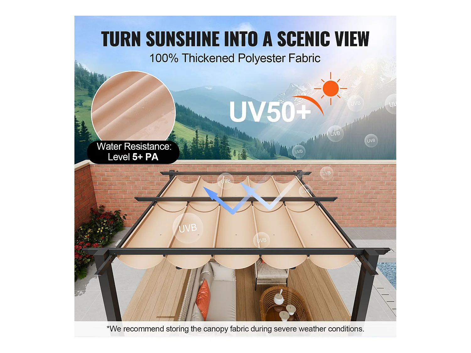 Pergola Extérieure SucceBuy 305 cm x 305 cm avec Auvent Rétractable Beige