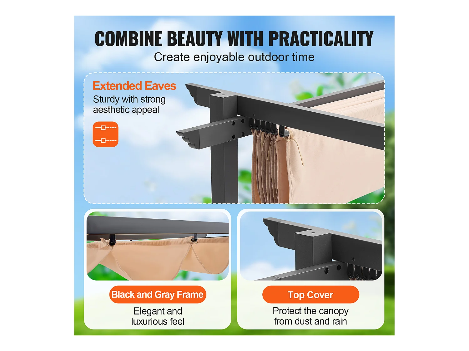 Pergola Extérieure SucceBuy 305 cm x 305 cm avec Auvent Rétractable Beige