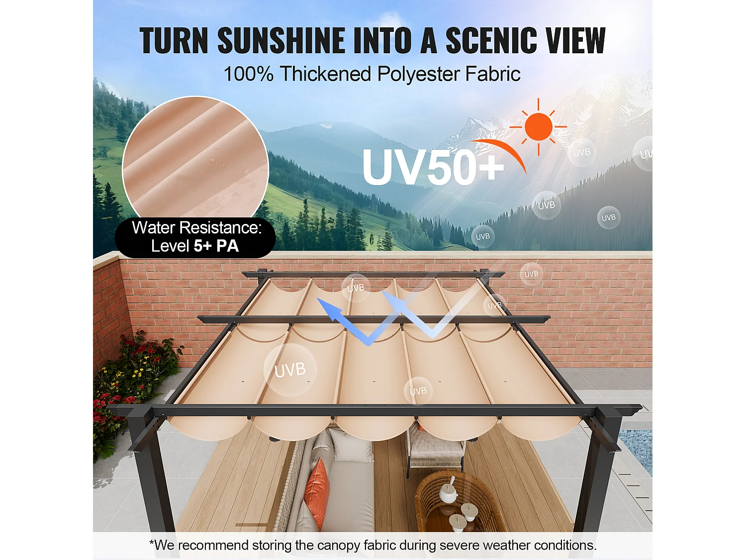 Pergola Extérieure SucceBuy 305 cm x 305 cm avec Auvent Rétractable Beige