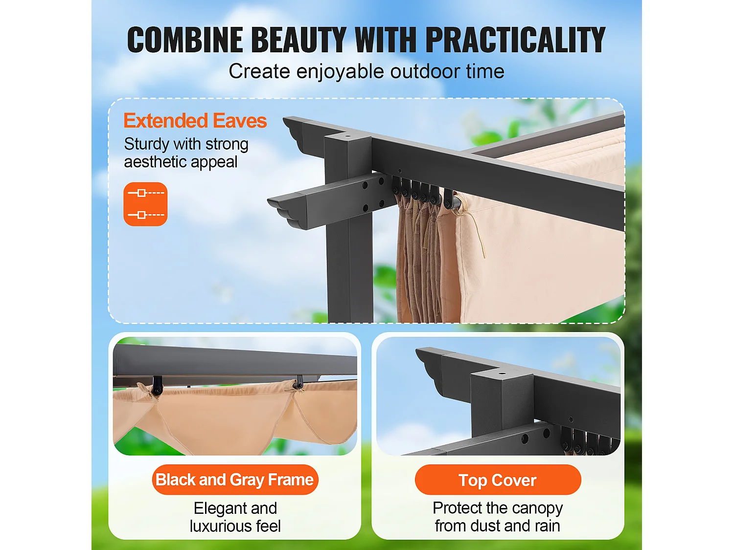 Pergola Extérieure SucceBuy 305 cm x 305 cm avec Auvent Rétractable Beige