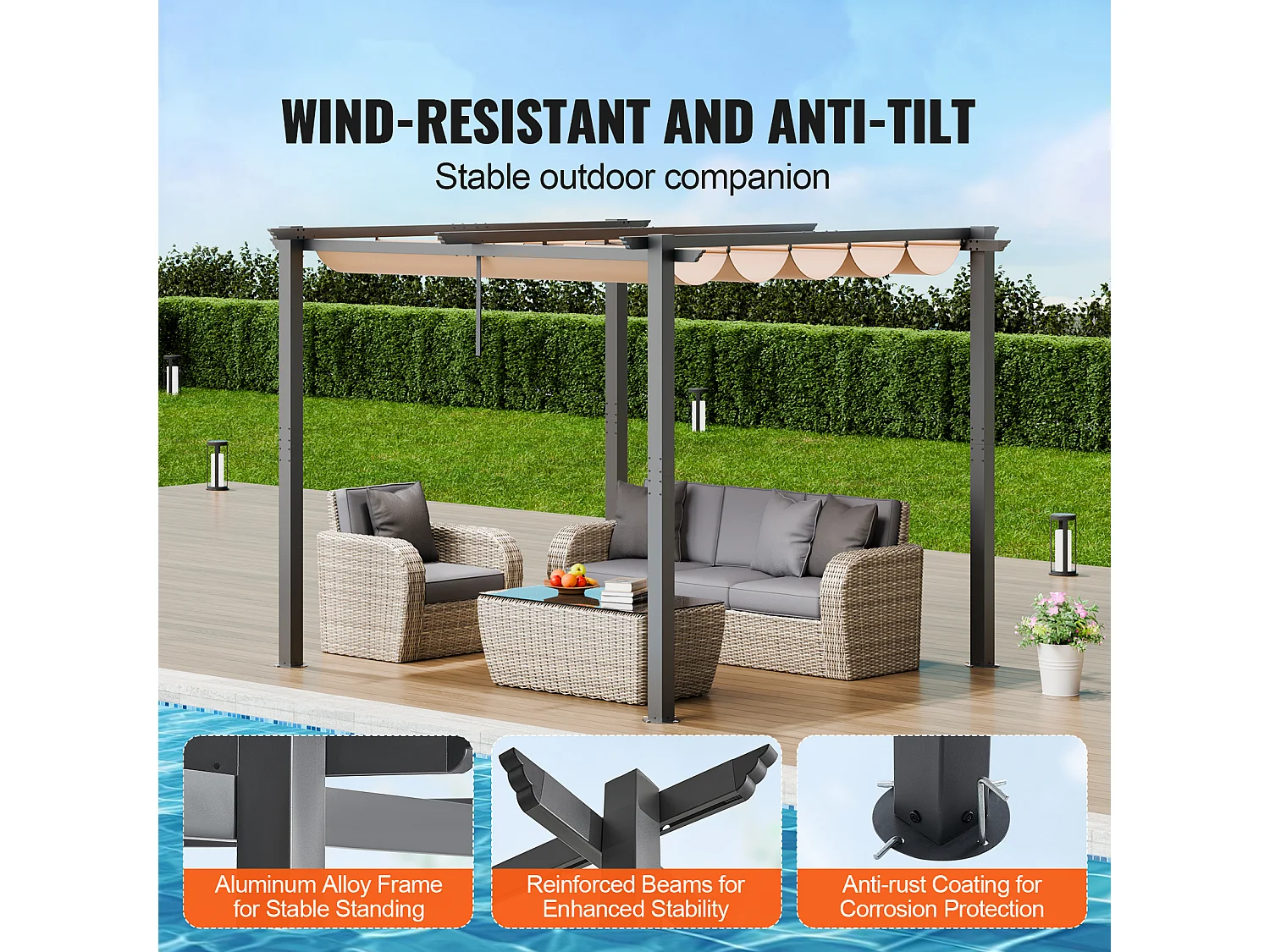 Pergola Extérieure SucceBuy 305 cm x 305 cm avec Auvent Rétractable Beige