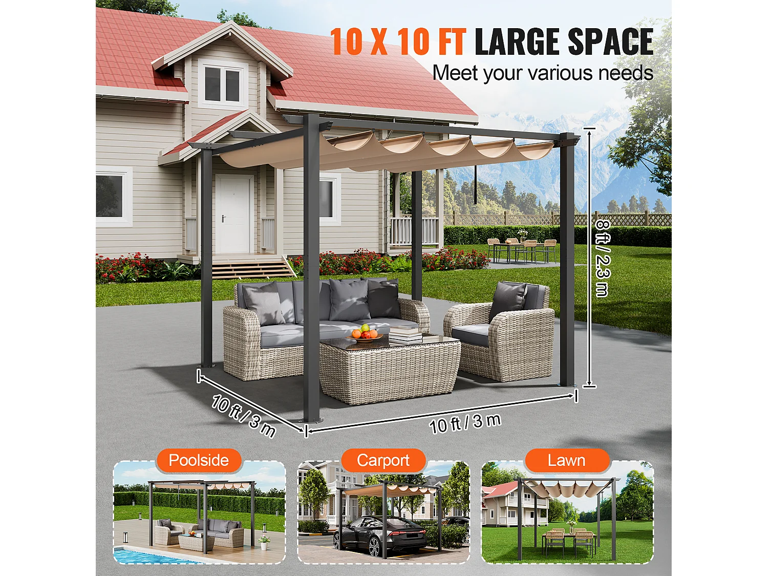 Pergola Extérieure SucceBuy 305 cm x 305 cm avec Auvent Rétractable Beige