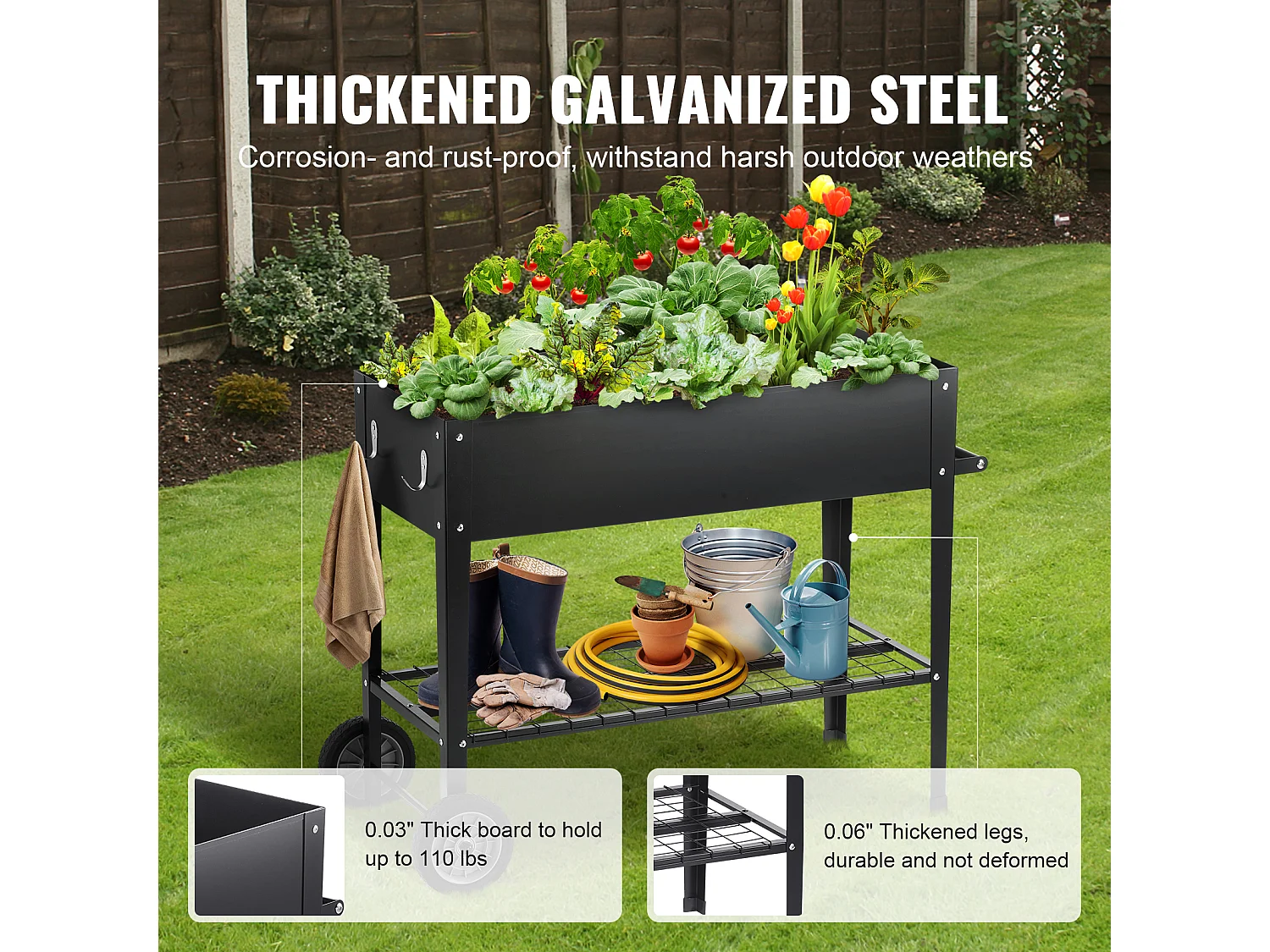 Jardinière SucceBuy Jardinière Surélevée, Jardinière en Métal Galvanisé, Jardinière Extérieure Surélevée avec Pieds, Idéale pour les Fleurs