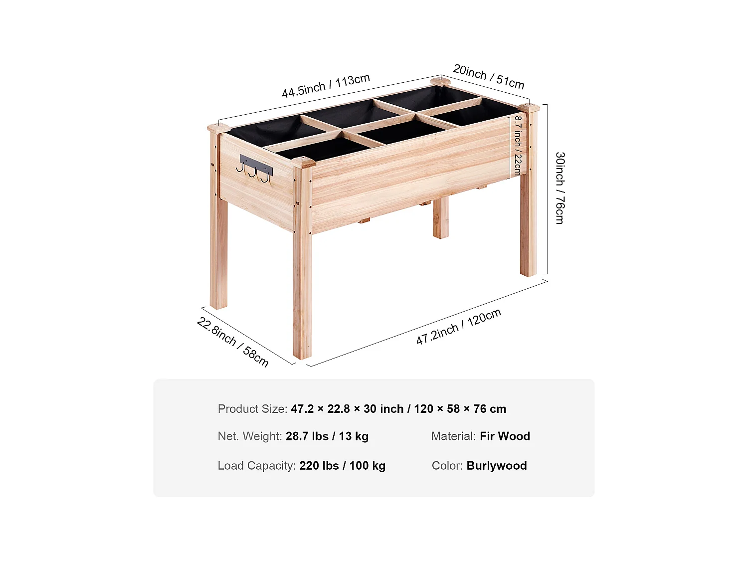 Jardinière Surélevée en Bois SucceBuy, 47,2"x22,8"x30" pour Fleurs, Légumes, Herbes