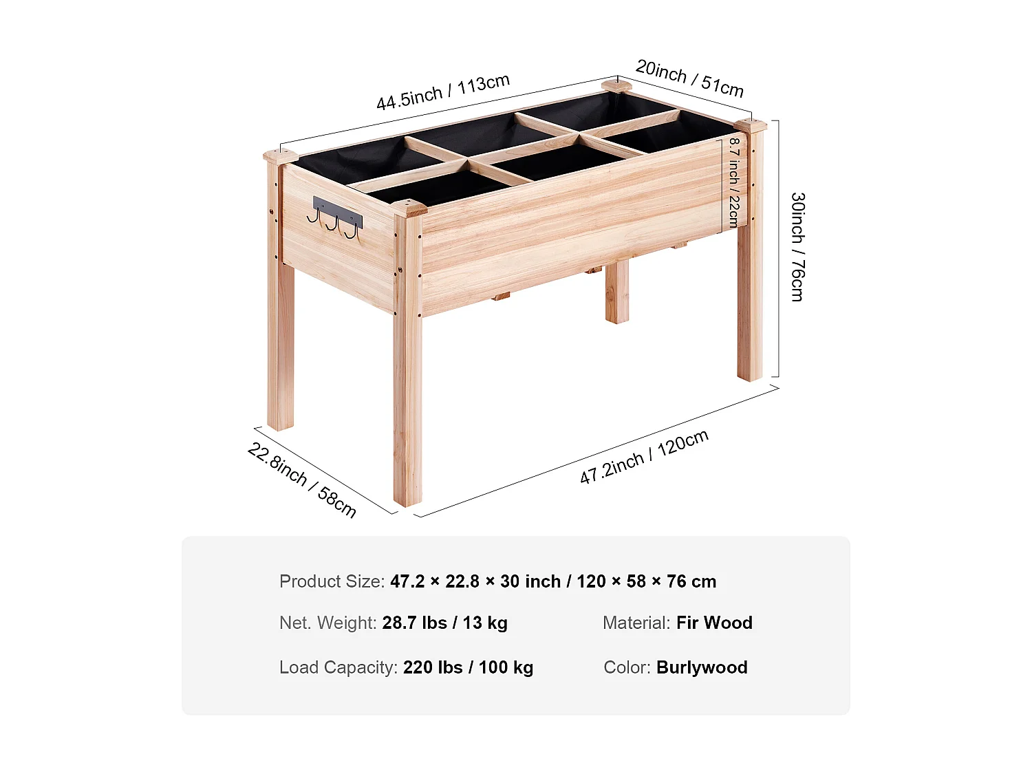 Jardinière Surélevée en Bois SucceBuy, 47,2"x22,8"x30" pour Fleurs, Légumes, Herbes