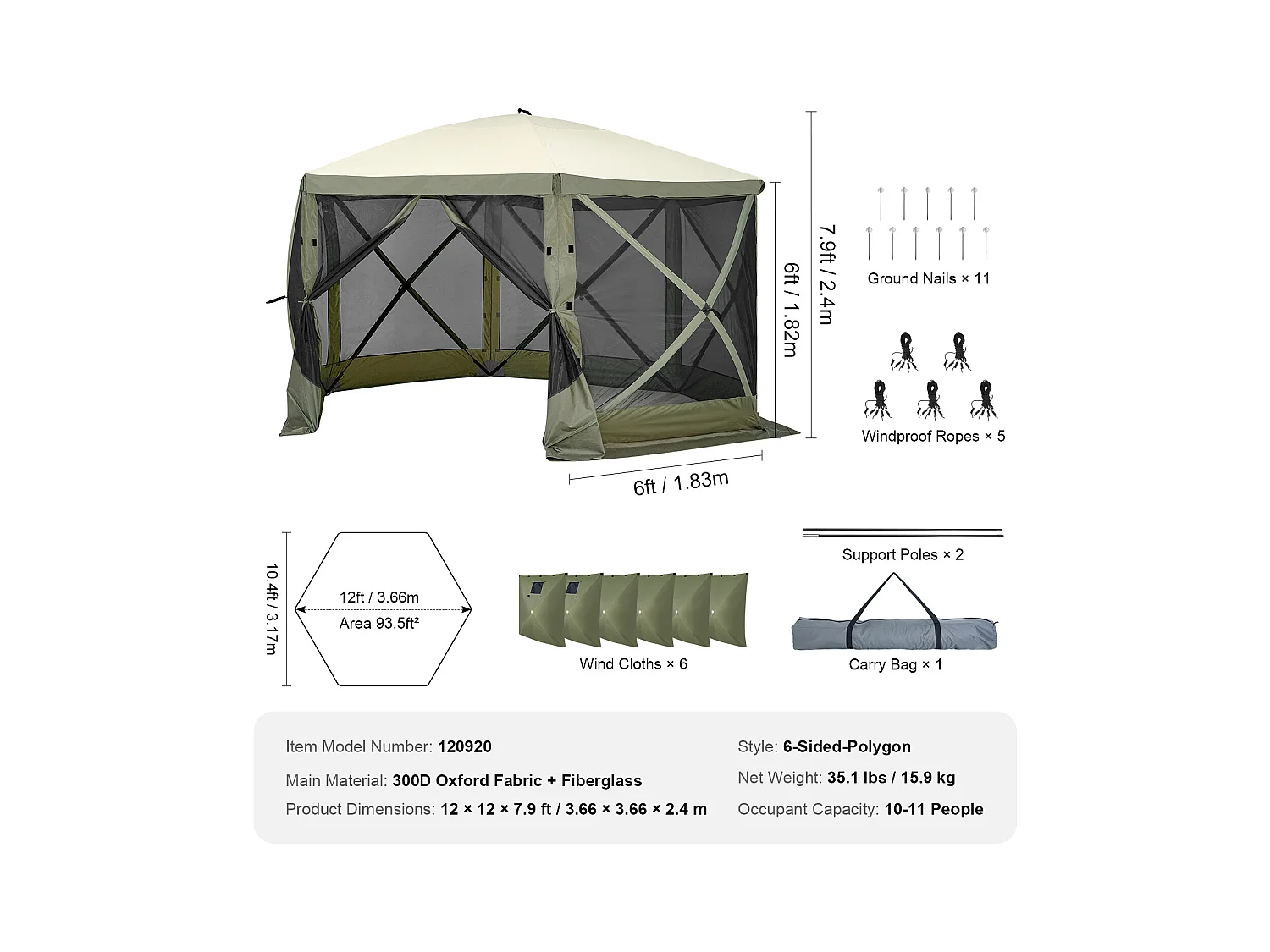 Tonnelle Pop-Up Tente Tonnelle Escamotable à 6 Côtés SucceBuy  , Abri Solaire, Vert