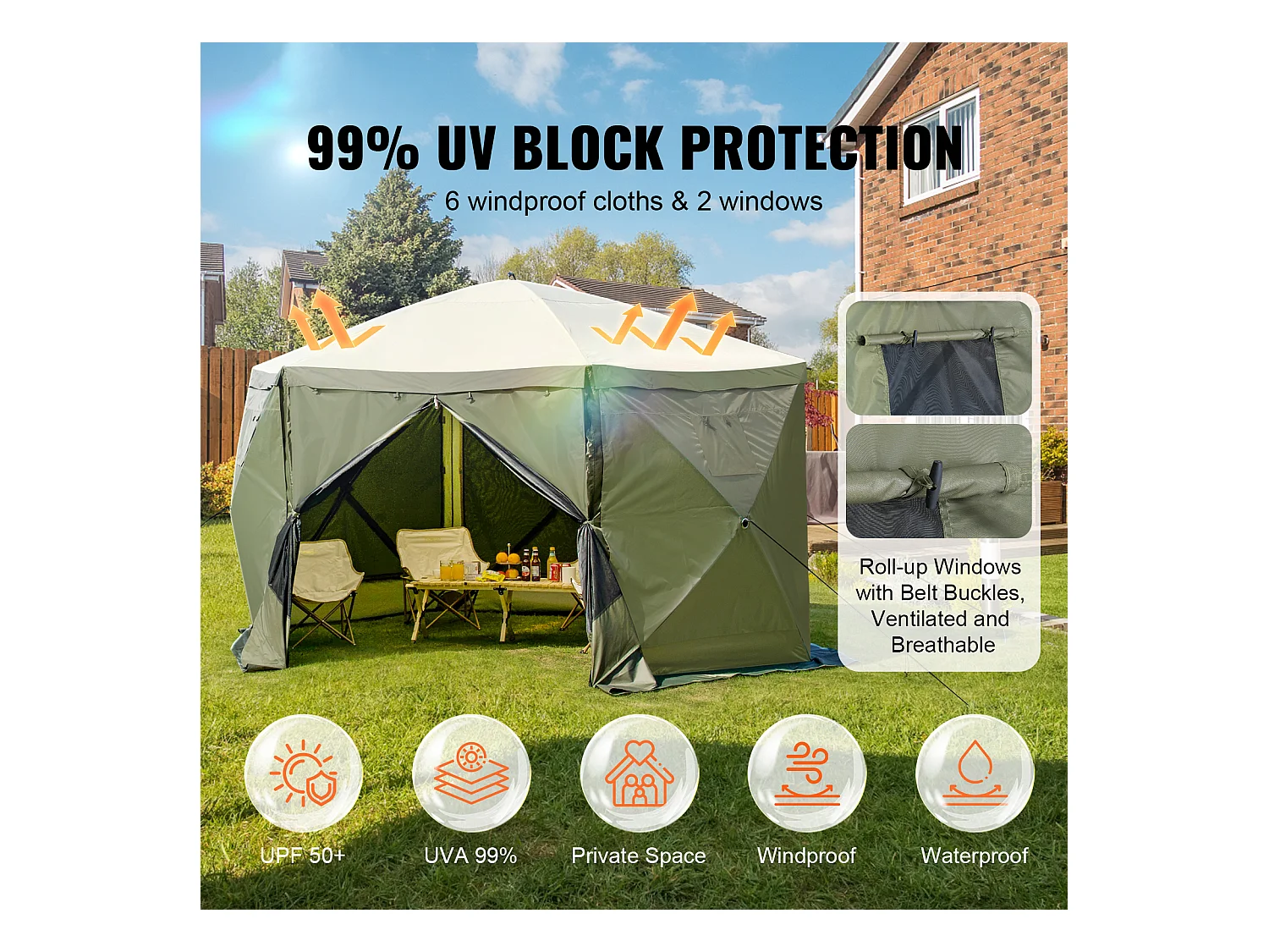 Tonnelle Pop-Up Tente Tonnelle Escamotable à 6 Côtés SucceBuy  , Abri Solaire, Vert