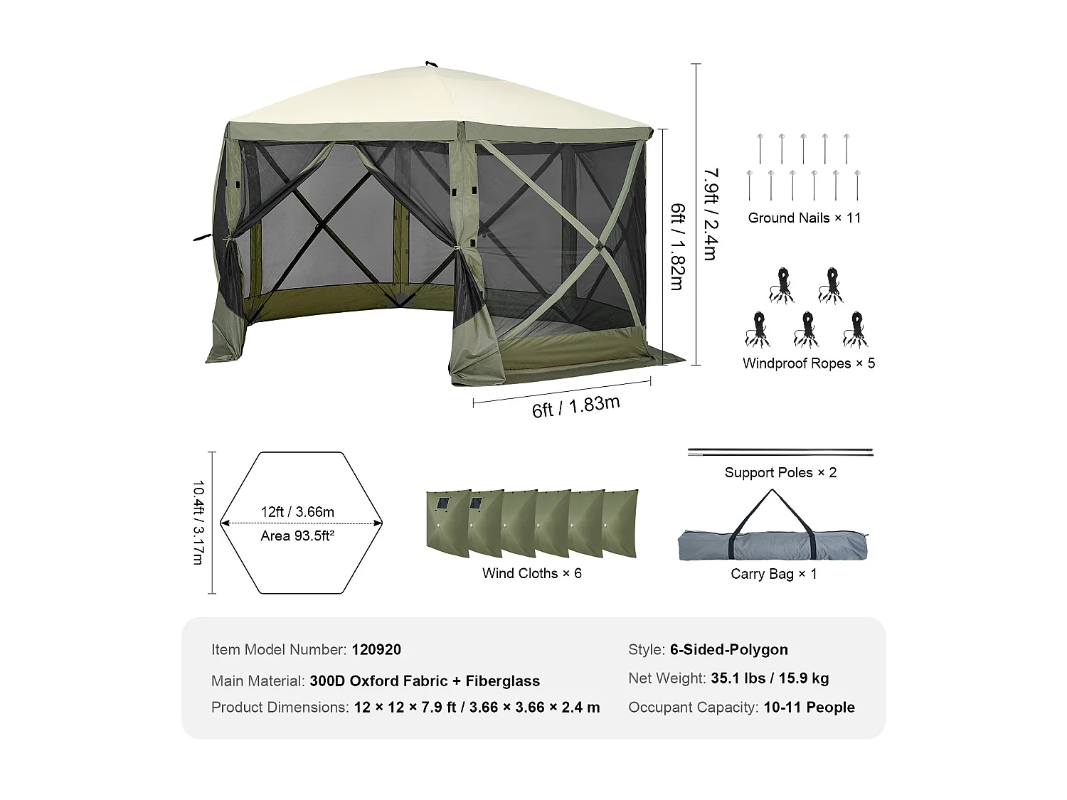Tonnelle Pop-Up Tente Tonnelle Escamotable à 6 Côtés SucceBuy  , Abri Solaire, Vert
