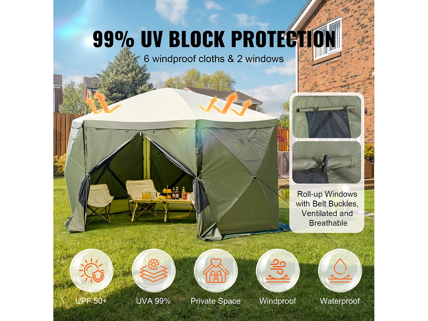 Tonnelle Pop-Up Tente Tonnelle Escamotable à 6 Côtés SucceBuy  , Abri Solaire, Vert