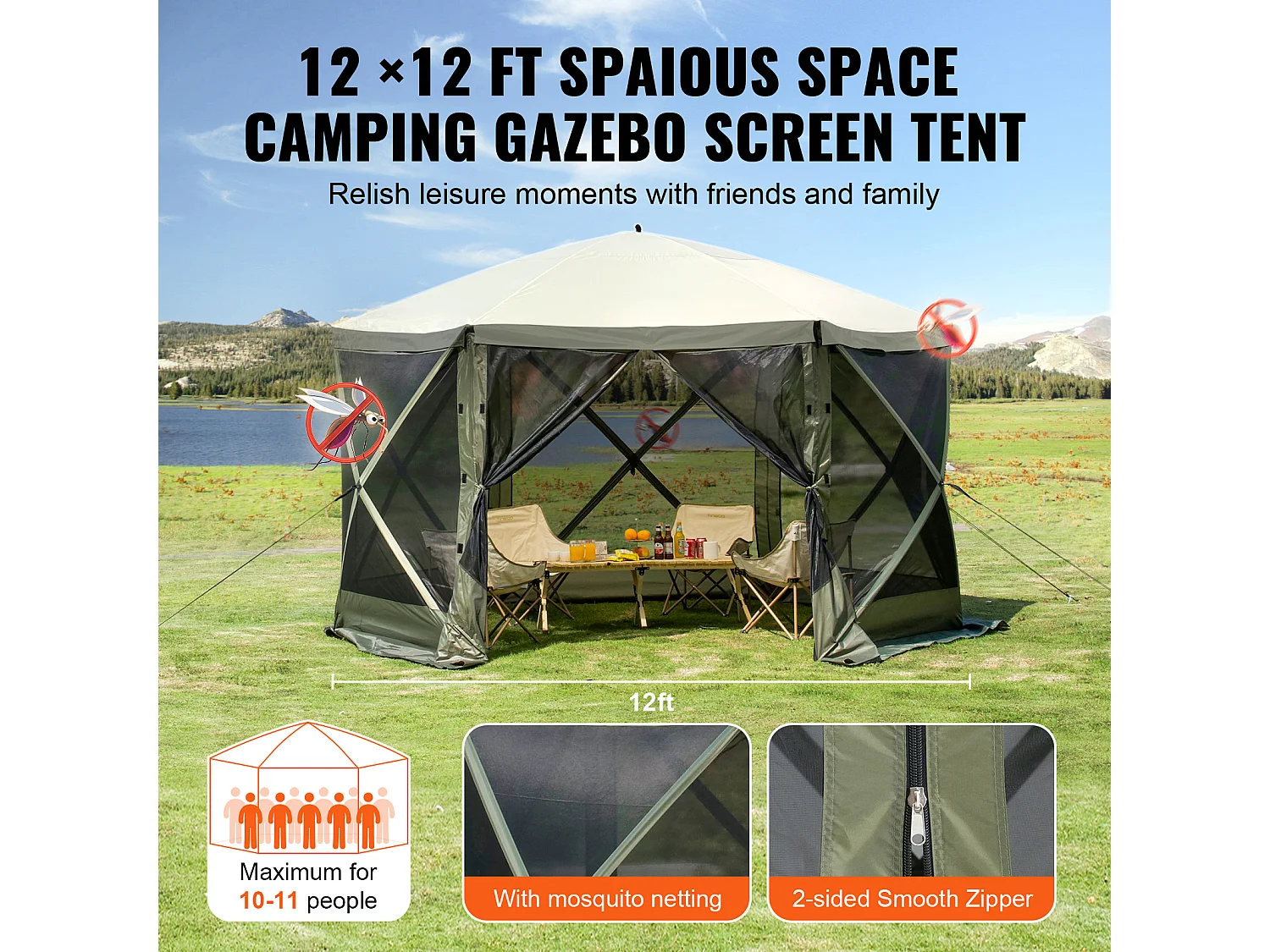 Tonnelle Pop-Up Tente Tonnelle Escamotable à 6 Côtés SucceBuy  , Abri Solaire, Vert