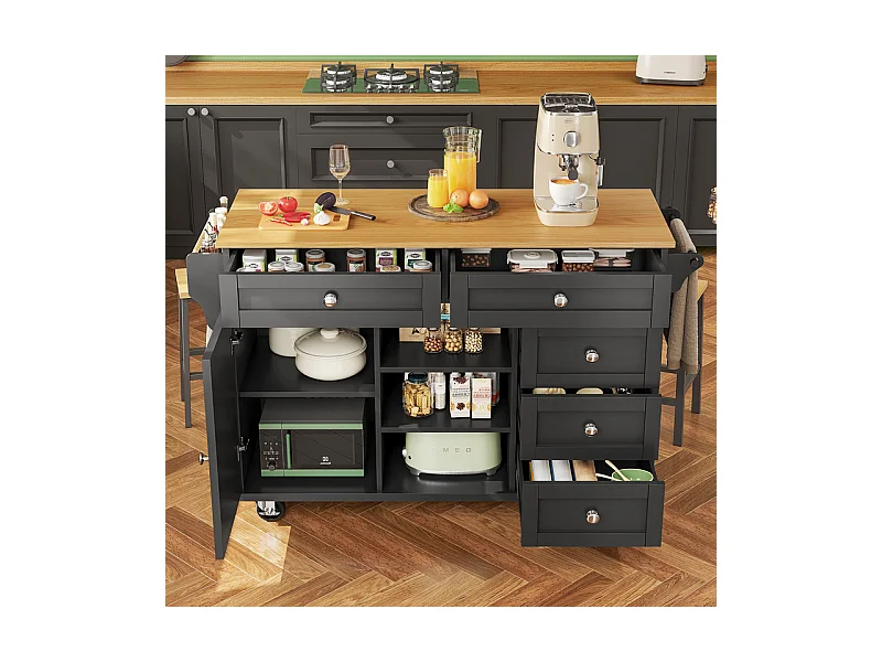 Ilot central de cuisine avec 5 tiroirs 3 niches et 1 porte, avec pieds de support fixe et roulettes, 134x46x92cm - Noir