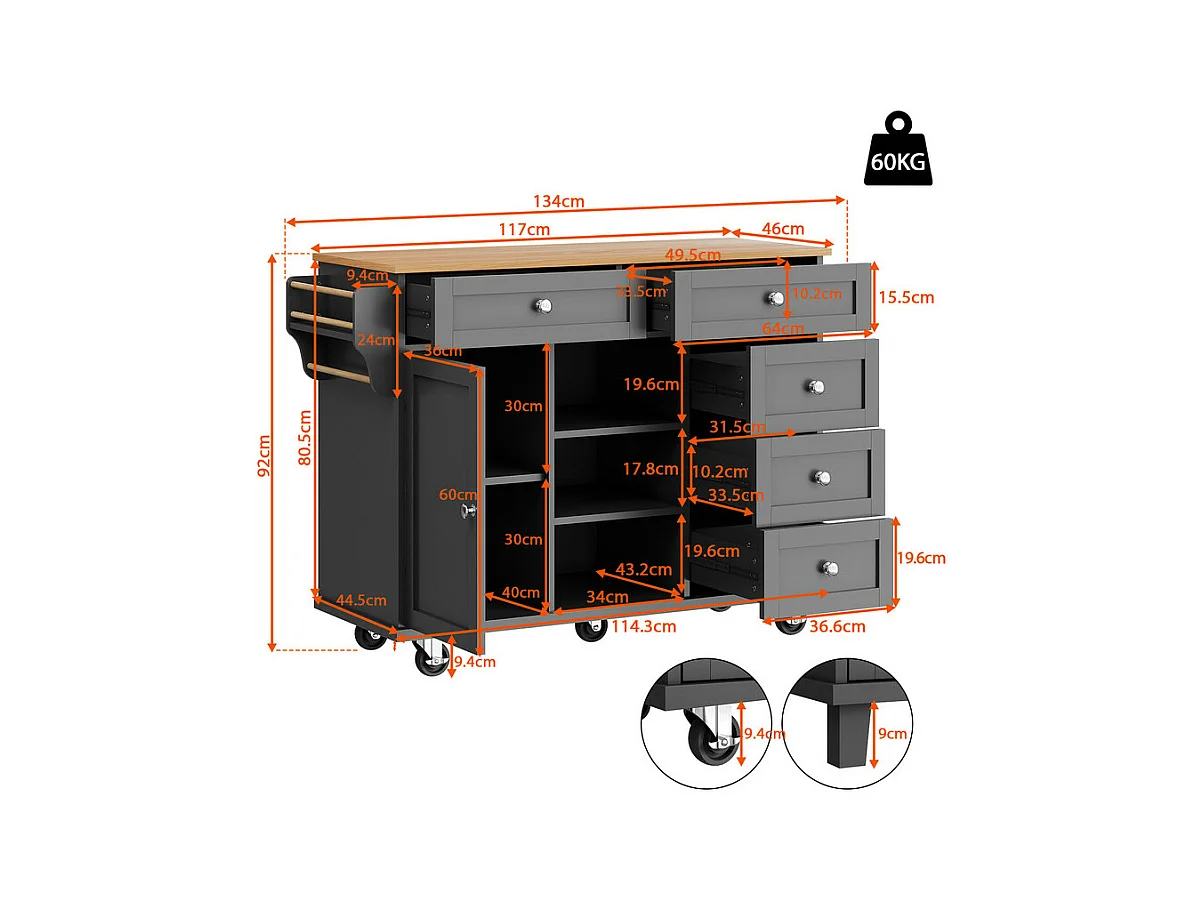 Ilot central de cuisine avec 5 tiroirs 3 niches et 1 porte, avec pieds de support fixe et roulettes, 134x46x92cm - Noir