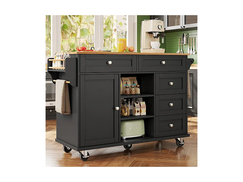 Ilot central de cuisine avec 5 tiroirs 3 niches et 1 porte, avec pieds de support fixe et roulettes, 134x46x92cm - Noir