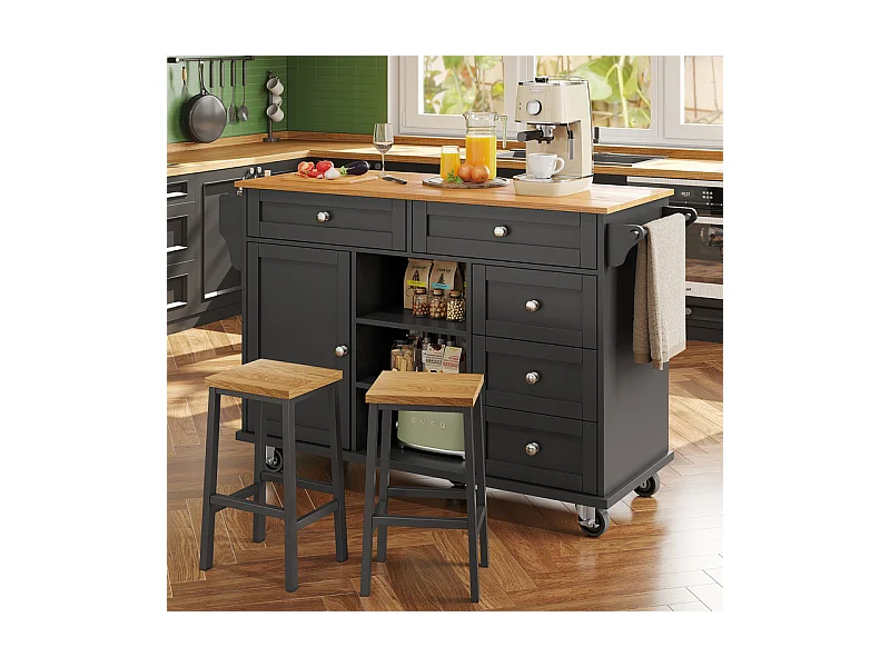 Ilot central de cuisine avec 5 tiroirs 3 niches et 1 porte, avec pieds de support fixe et roulettes, 134x46x92cm - Noir