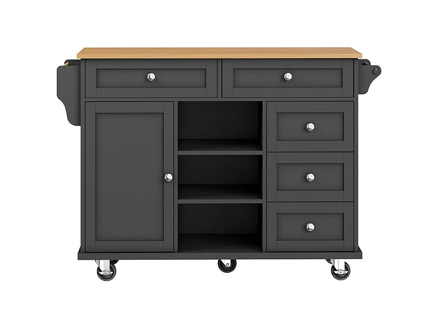 Ilot central de cuisine avec 5 tiroirs 3 niches et 1 porte, avec pieds de support fixe et roulettes, 134x46x92cm - Noir