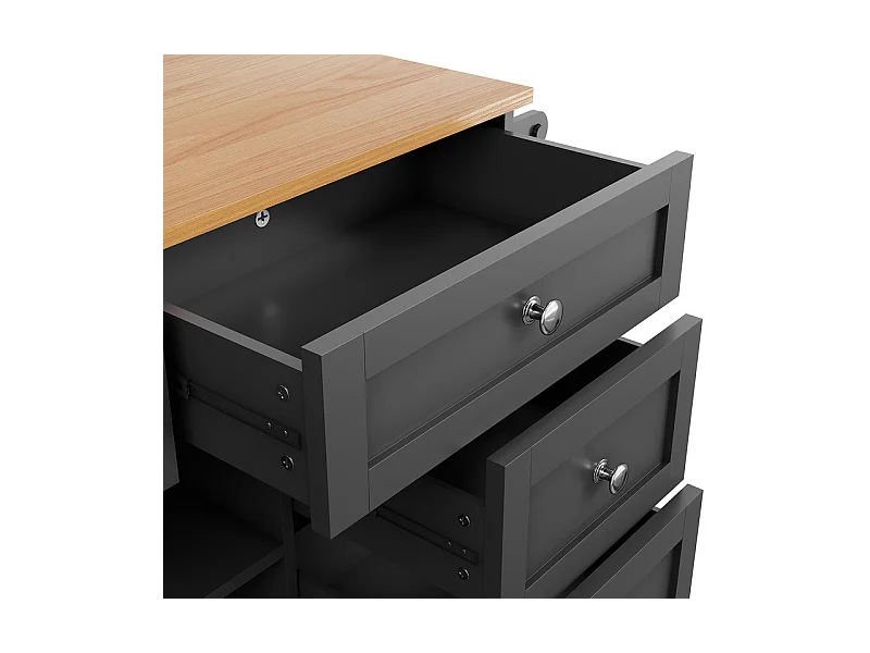 Ilot central de cuisine avec 5 tiroirs 3 niches et 1 porte, avec pieds de support fixe et roulettes, 134x46x92cm - Noir