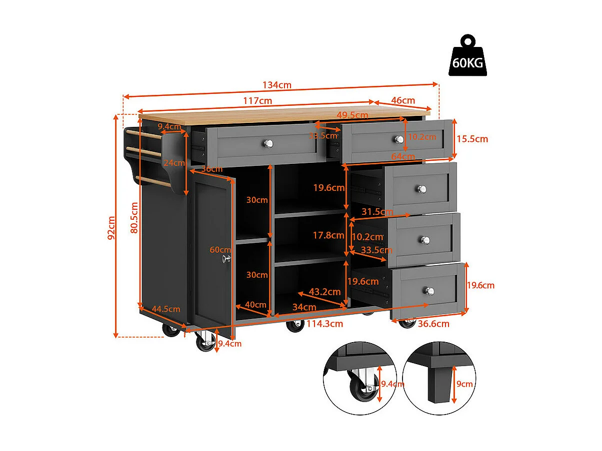 Ilot central de cuisine avec 5 tiroirs 3 niches et 1 porte, avec pieds de support fixe et roulettes, 134x46x92cm - Noir