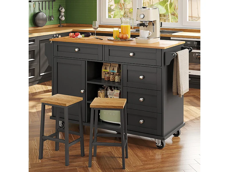 Ilot central de cuisine avec 5 tiroirs 3 niches et 1 porte, avec pieds de support fixe et roulettes, 134x46x92cm - Noir