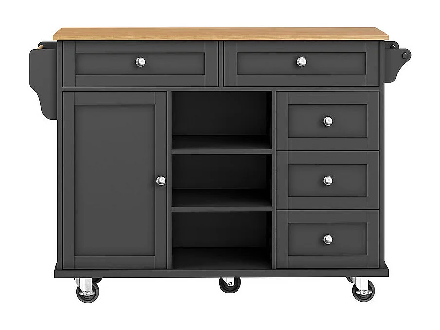 Ilot central de cuisine avec 5 tiroirs 3 niches et 1 porte, avec pieds de support fixe et roulettes, 134x46x92cm - Noir