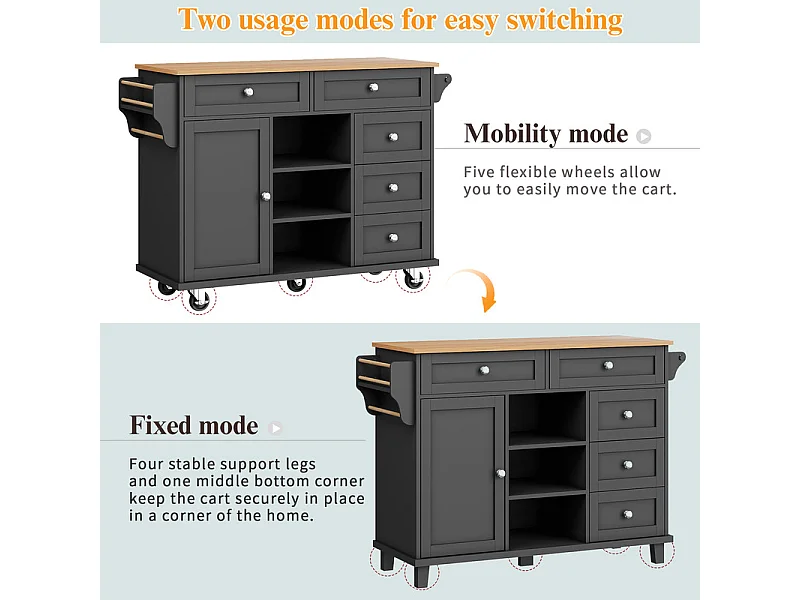 Ilot central de cuisine avec 5 tiroirs 3 niches et 1 porte, avec pieds de support fixe et roulettes, 134x46x92cm - Noir