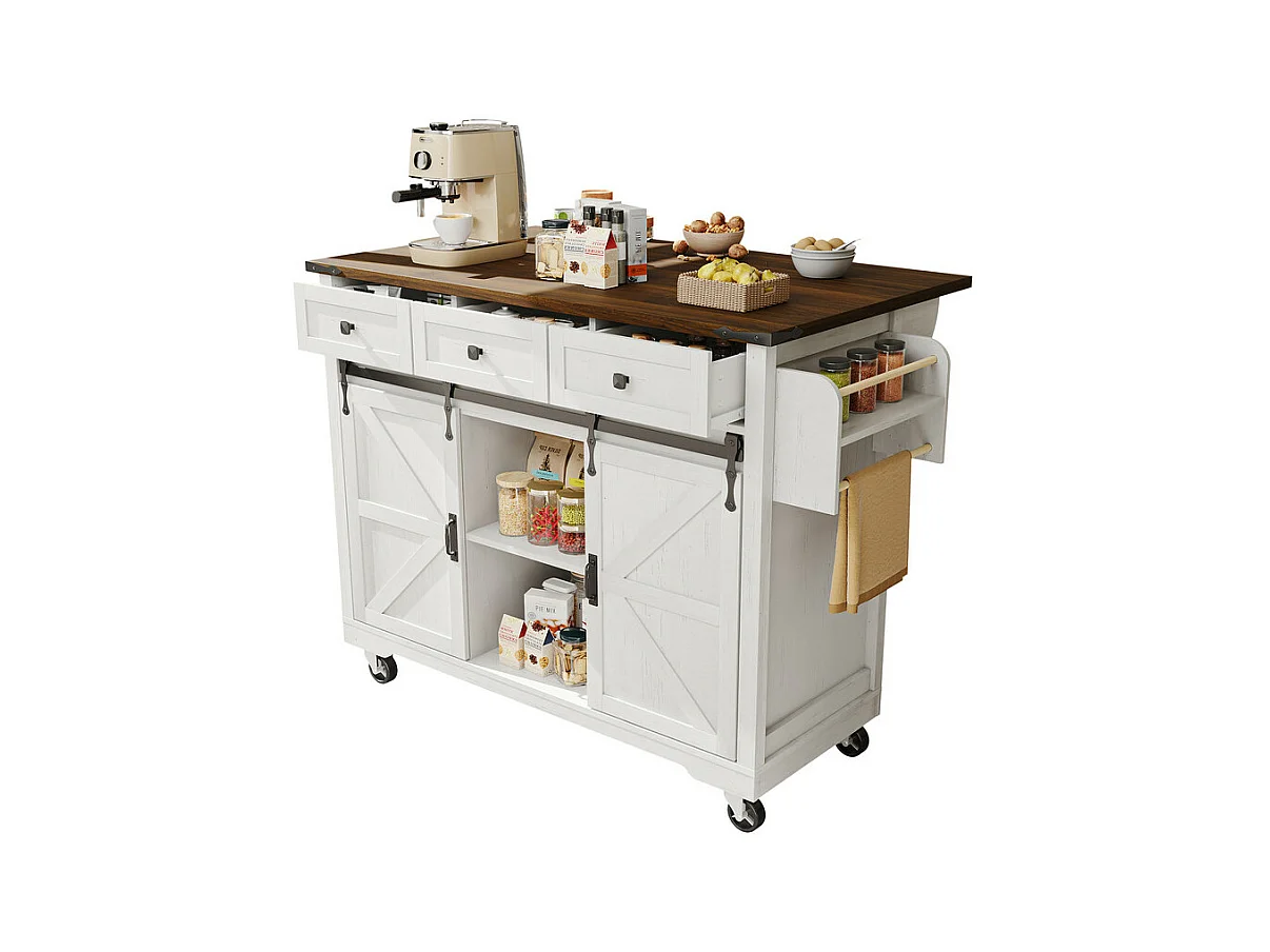 Ilot central de cuisine avec 3 tiroirs et 2 portes coulissantes, table extensible, Beige, 140x45/73x94cm