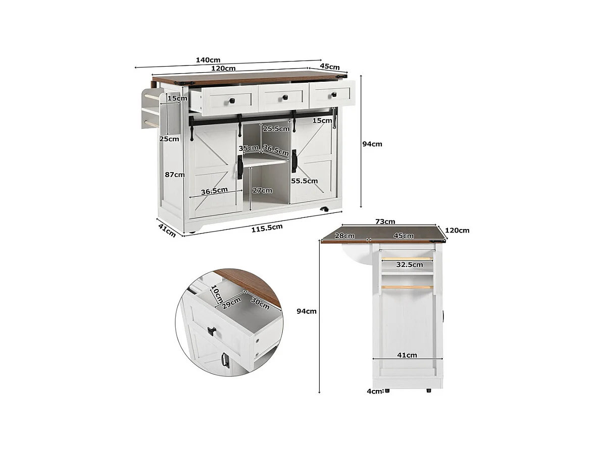 Ilot central de cuisine avec 3 tiroirs et 2 portes coulissantes, table extensible, Beige, 140x45/73x94cm