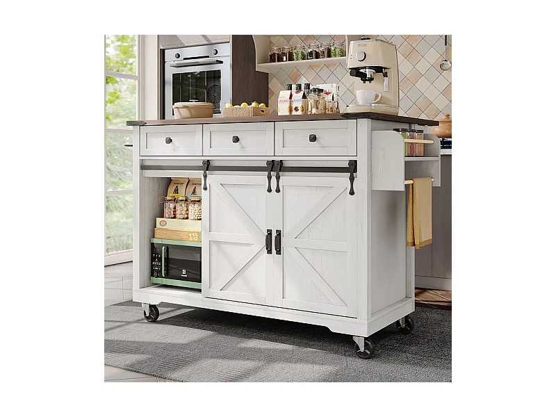 Ilot central de cuisine avec 3 tiroirs et 2 portes coulissantes, table extensible, Beige, 140x45/73x94cm