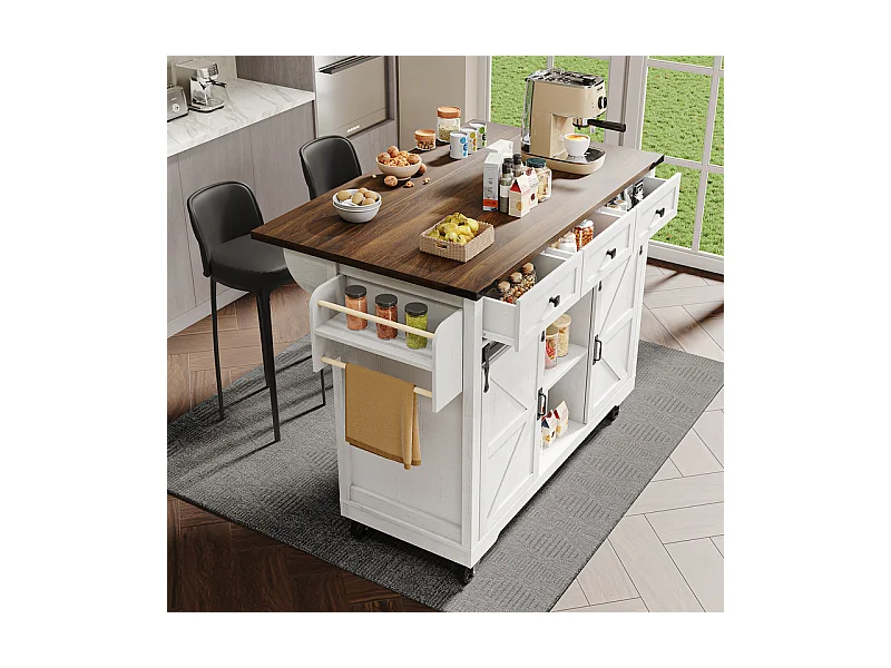 Ilot central de cuisine avec 3 tiroirs et 2 portes coulissantes, table extensible, Beige, 140x45/73x94cm