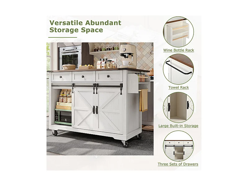 Ilot central de cuisine avec 3 tiroirs et 2 portes coulissantes, table extensible, Beige, 140x45/73x94cm