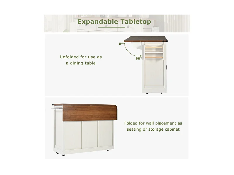 Kücheninsel mit 3 Schubladen und 2 Schiebetüren, ausziehbarer Tisch, Beige, 140x45/73x94cm