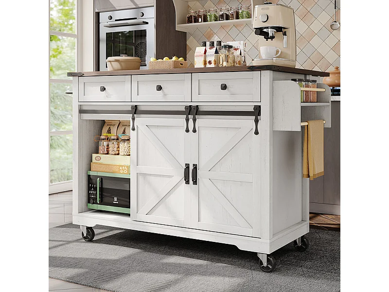 Kücheninsel mit 3 Schubladen und 2 Schiebetüren, ausziehbarer Tisch, Beige, 140x45/73x94cm