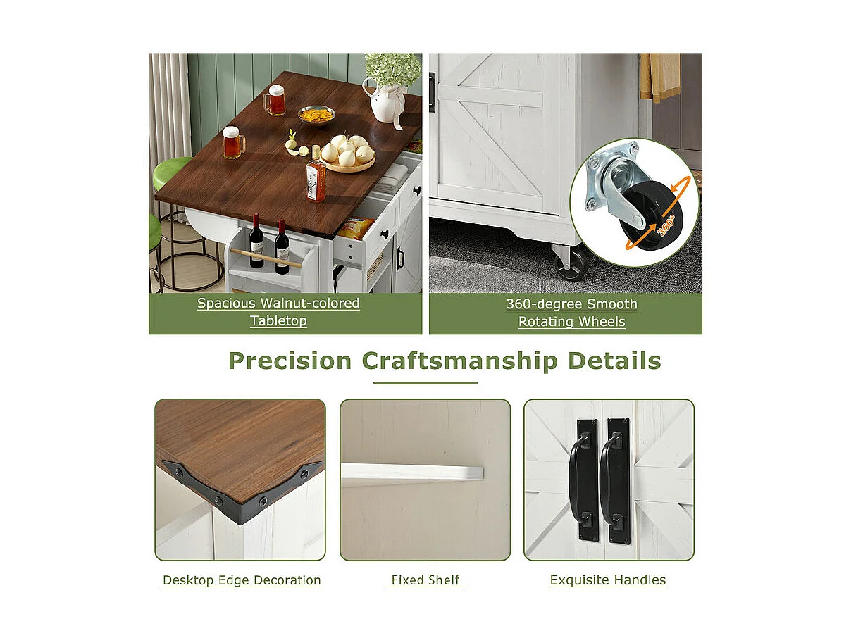 Kücheninsel mit 3 Schubladen und 2 Schiebetüren, ausziehbarer Tisch, Beige, 140x45/73x94cm