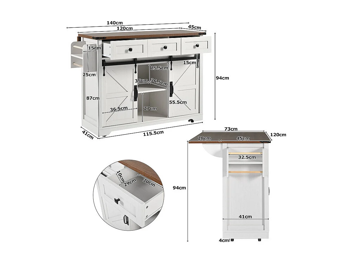 Kücheninsel mit 3 Schubladen und 2 Schiebetüren, ausziehbarer Tisch, Beige, 140x45/73x94cm
