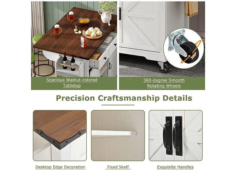 Kücheninsel mit 3 Schubladen und 2 Schiebetüren, ausziehbarer Tisch, Beige, 140x45/73x94cm