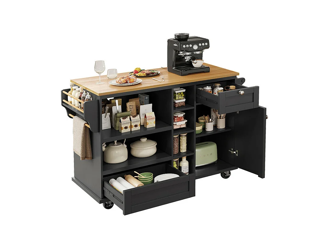 Ilot central de cuisine avec 1 porte 6 niches et 2 tiroirs en MDF - Noir - 129x46x92cm