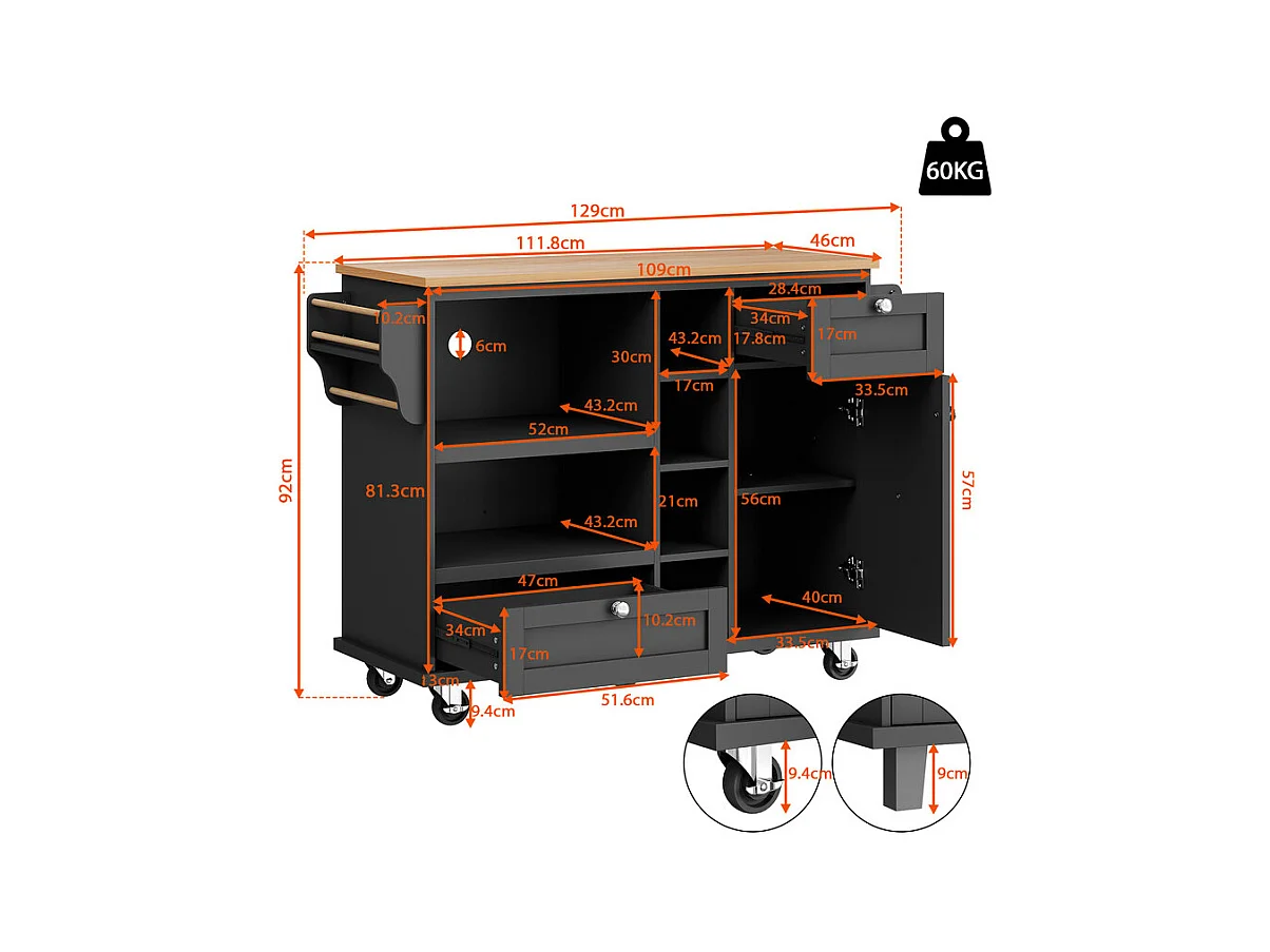 Ilot central de cuisine avec 1 porte 6 niches et 2 tiroirs en MDF - Noir - 129x46x92cm