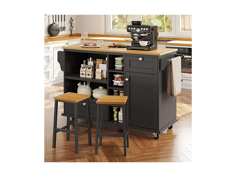 Ilot central de cuisine avec 1 porte 6 niches et 2 tiroirs en MDF - Noir - 129x46x92cm