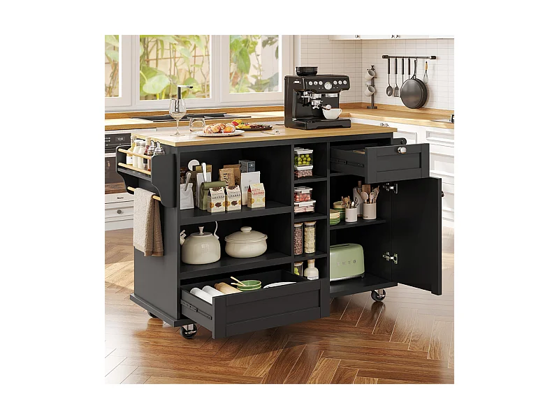 Ilot central de cuisine avec 1 porte 6 niches et 2 tiroirs en MDF - Noir - 129x46x92cm