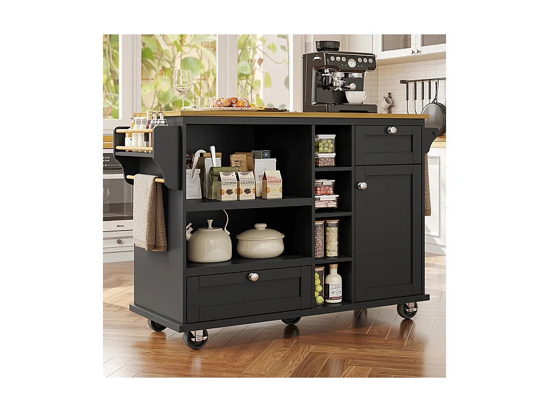 Ilot central de cuisine avec 1 porte 6 niches et 2 tiroirs en MDF - Noir - 129x46x92cm