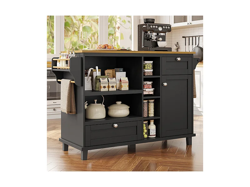 Ilot central de cuisine avec 1 porte 6 niches et 2 tiroirs en MDF - Noir - 129x46x92cm