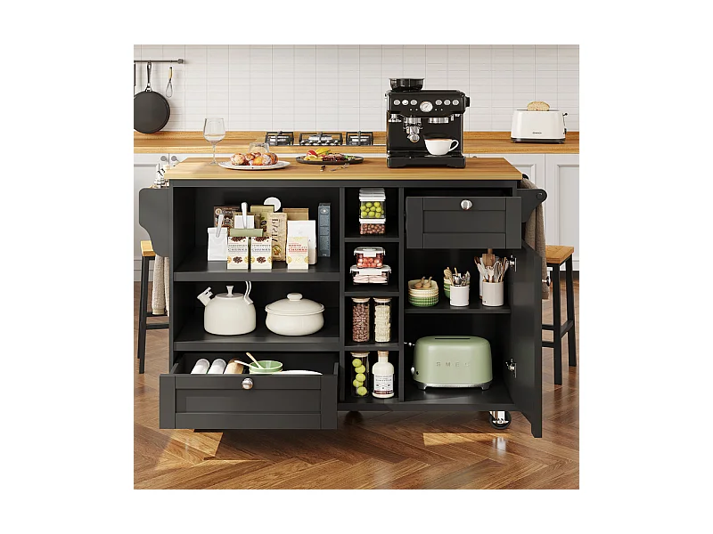 Ilot central de cuisine avec 1 porte 6 niches et 2 tiroirs en MDF - Noir - 129x46x92cm
