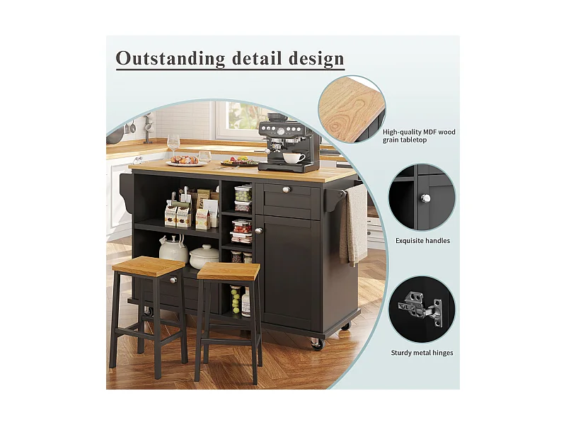 Ilot central de cuisine avec 1 porte 6 niches et 2 tiroirs en MDF - Noir - 129x46x92cm