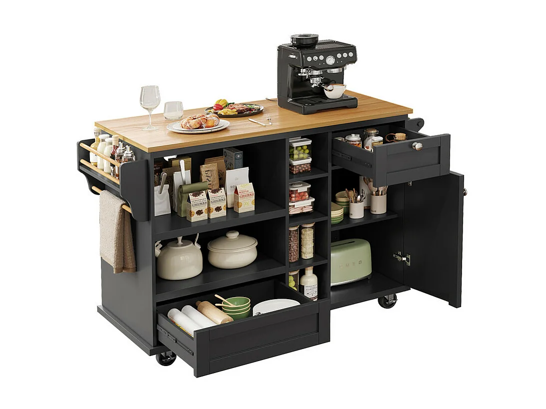 Ilha central de cozinha com 1 porta 6 nichos e 2 gavetas em MDF - Preto - 129x46x92cm