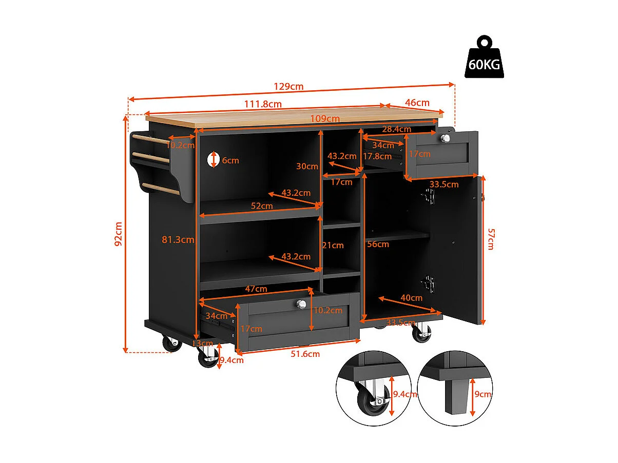 Ilha central de cozinha com 1 porta 6 nichos e 2 gavetas em MDF - Preto - 129x46x92cm
