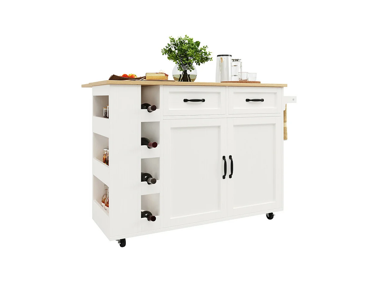 Ilot central de cuisine avec étagère à vin 2 tiroirs et 2 portes - 2 prises - Blanc+naturel - 131.5x43/76x90.7cm