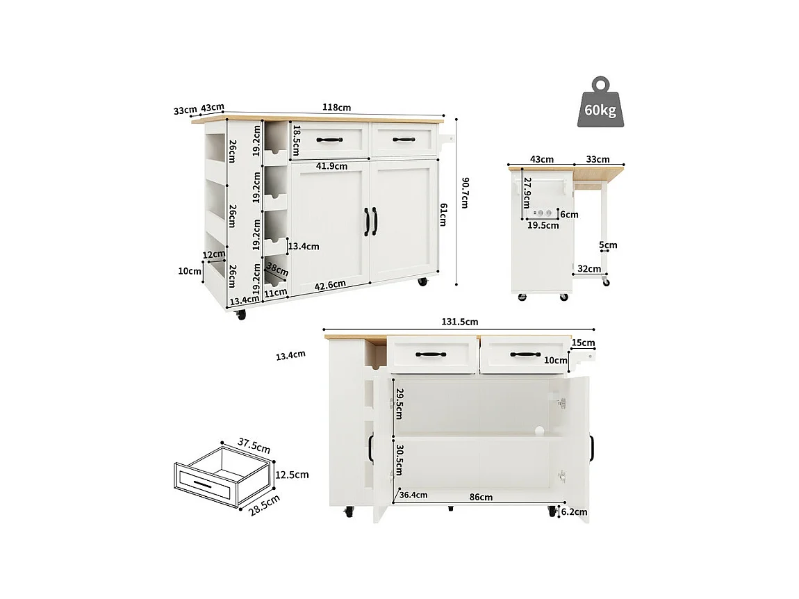 Ilot central de cuisine avec étagère à vin 2 tiroirs et 2 portes - 2 prises - Blanc+naturel - 131.5x43/76x90.7cm
