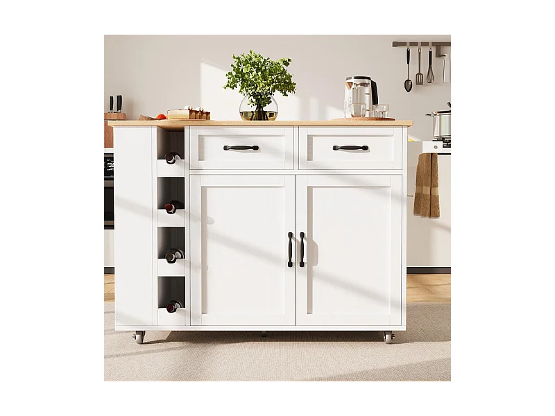 Ilot central de cuisine avec étagère à vin 2 tiroirs et 2 portes - 2 prises - Blanc+naturel - 131.5x43/76x90.7cm