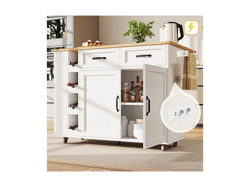 Ilot central de cuisine avec étagère à vin 2 tiroirs et 2 portes - 2 prises - Blanc+naturel - 131.5x43/76x90.7cm